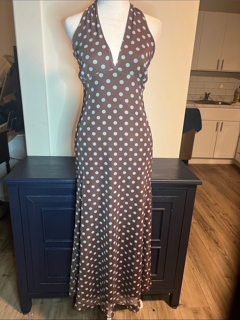 See You Monday Brown Maxi Dress with Turquoise Polka Dots Size XL
